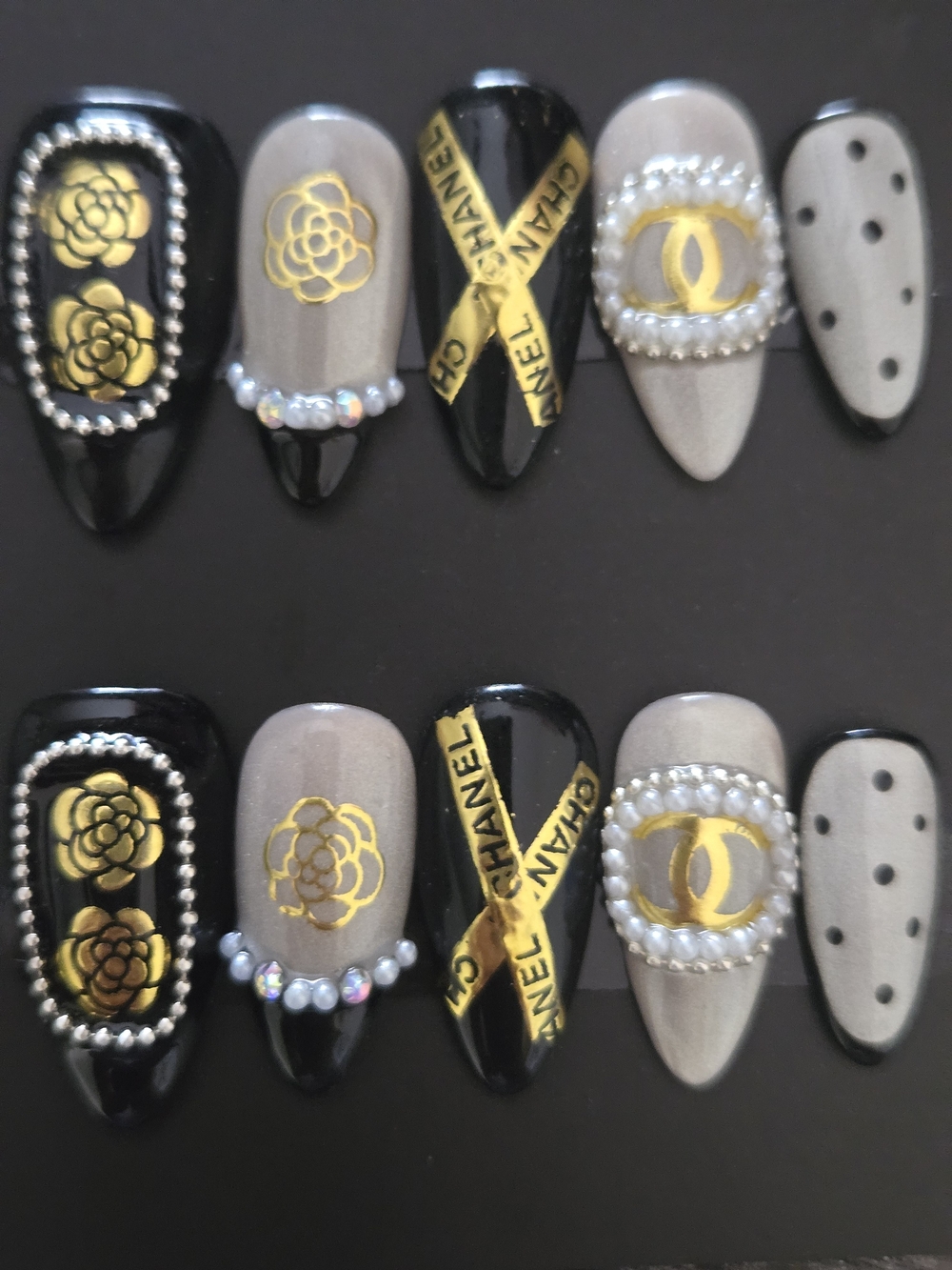 Eleganr Black & Taupe Nail Art Set with Gold Accents